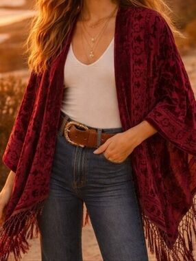 Crushed Velvet Boho Kimono in Burgundy with Tassels
